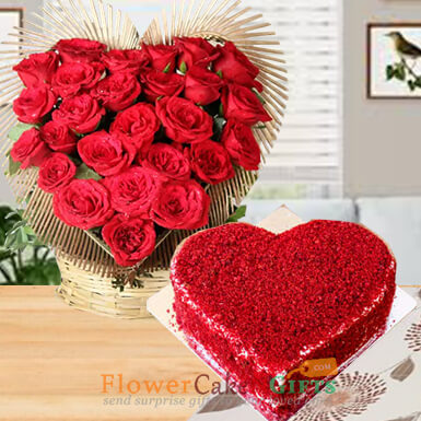 send half kg heart shaped red velvet cake heart shape roses arrangements delivery