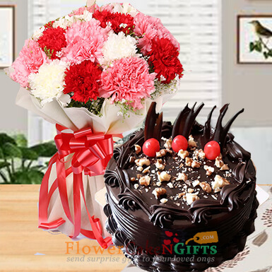 send half kg eggless dry fruit chocolate cake n carnation bouquet delivery