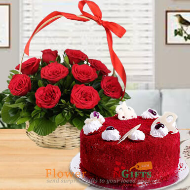 send half kg red velvet cake 15 red roses basket delivery