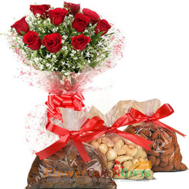 send 10 red roses and half kg dry fruit delivery