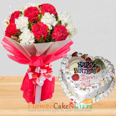 send 1 kg eggless heart shape mixed fruit cake 10 carnation flower bouquet delivery