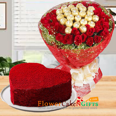 send half kg red velvet heart shape cake n roses chocolate bouquet delivery