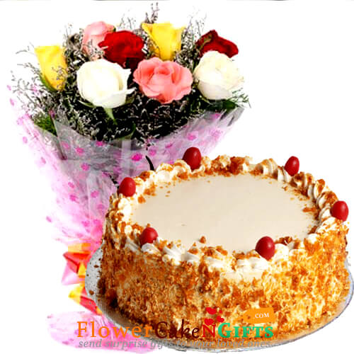 500gms Butterscotch Cake with Mix Roses Bunch