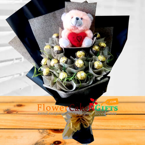 send teddy and ferrero rocher chocolate bouquet delivery