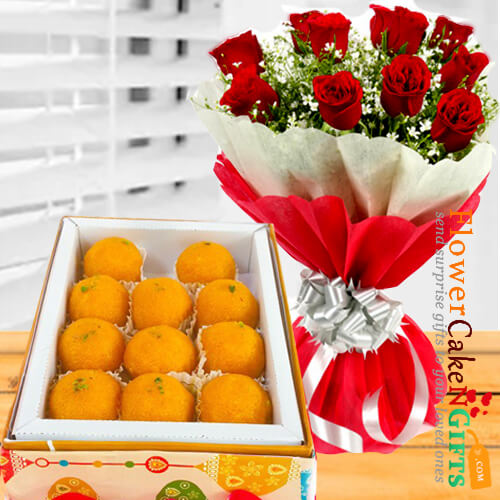 send 500 gms pure ghee laddu sweet box and red roses bouquet delivery