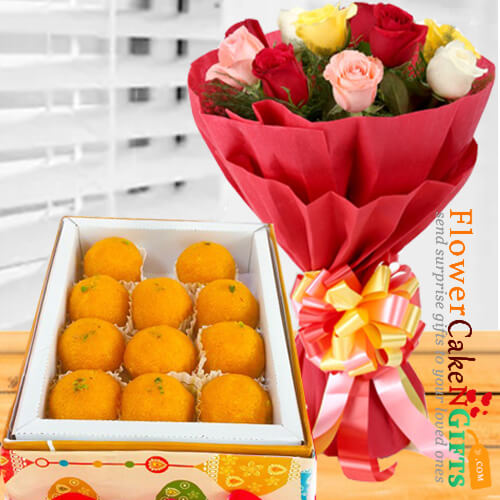 1kg pure ghee laddu sweet box and roses bouquet