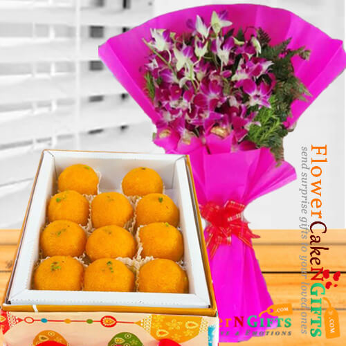 send 500 gms pure ghee laddu sweet box and orchid bouquet delivery