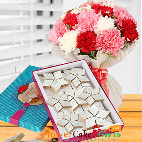 send 1kg kaju barfi sweet and mix carnation flower bouquet delivery