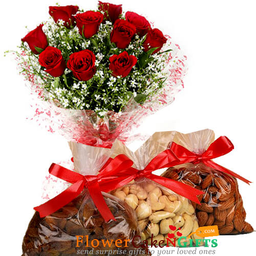 send 1kg dry fruits n roses bouquet delivery