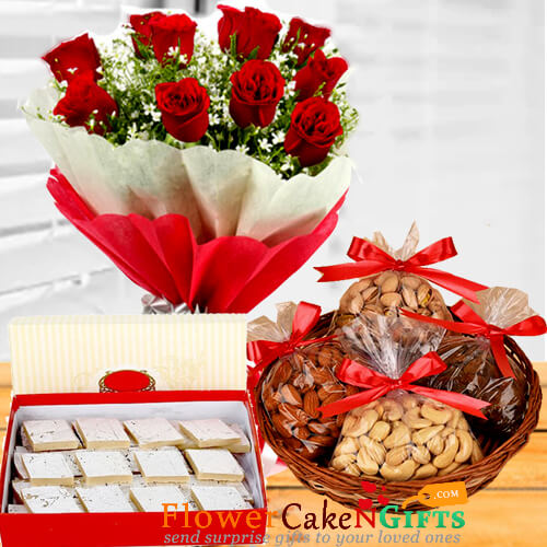 send 1kg dry fruits with1kg kaju barfi n roses bouquet delivery
