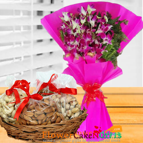 send 1kg dry fruits n orchid bouquet delivery
