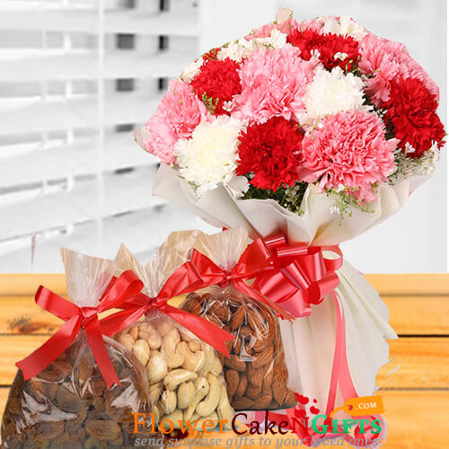 send half kg dry fruits n carnation flower bouquet delivery