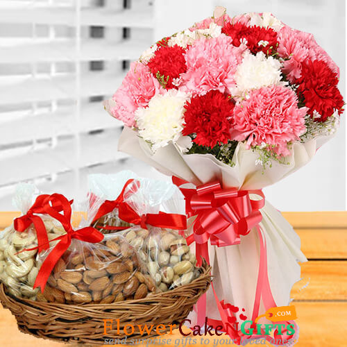 send 1kg dry fruits n carnation flower bouquet delivery
