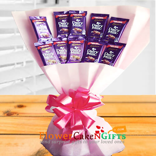 send 10 cadbury dairy milk chocolate bouquet delivery