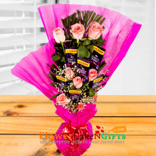 send pink rose n chocolate bouquet delivery