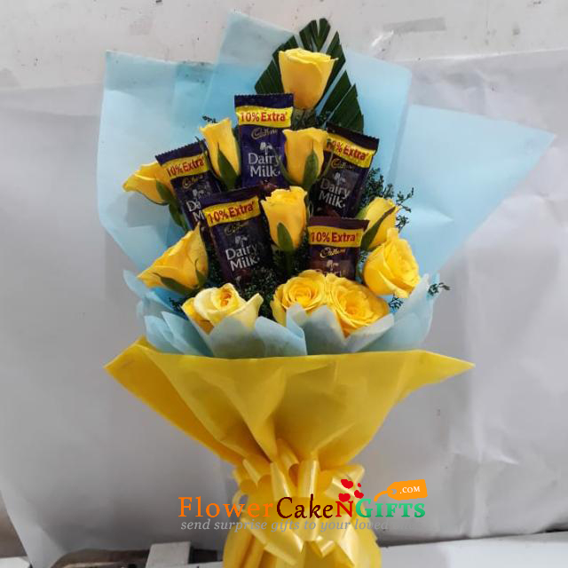 send yellow rose n chocolate bouquet delivery