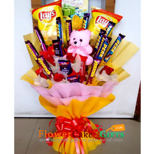 send lays chip teddy roses chocolate bouquet delivery