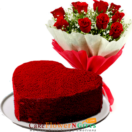 eggless half Kg heart shaped red velvet cake n 10 Red roses flower bouquet