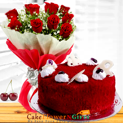 send half eggless kg red velvet cake n roses flower bouquet delivery