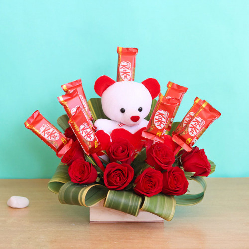 send Red Roses teddy Kitkat Chocolates Bouquet delivery