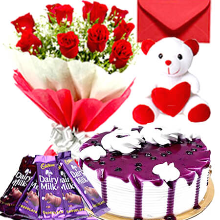 send eggless half kg blueberry fresh cream cake teddy bear chocolate red roses bouquet greeting card delivery