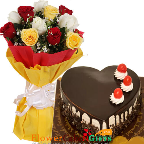 send half kg eggless heart shaped choco vanilla cake n 10 mix roses bouquet delivery