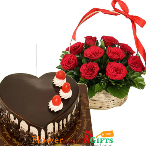 send half kg heart shaped choco vanilla cake n 15 red roses basket delivery
