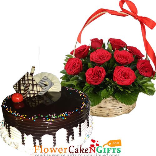 send 1kg eggless choco vanilla cake n 15 red roses basket delivery