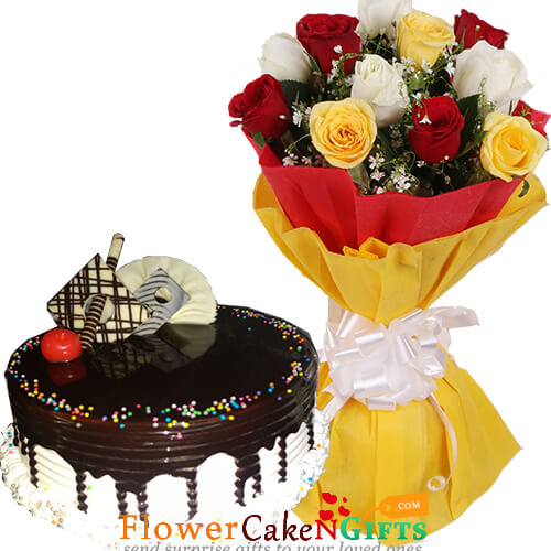 send half kg choco vanilla cake n 10 mix roses bouquet delivery