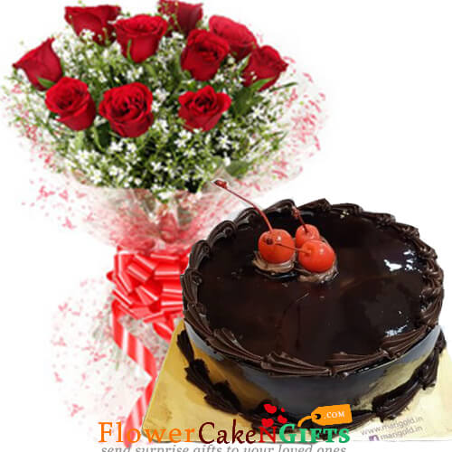 send 500gms Chocolate Truffles Cake with Red Roses Bunch delivery