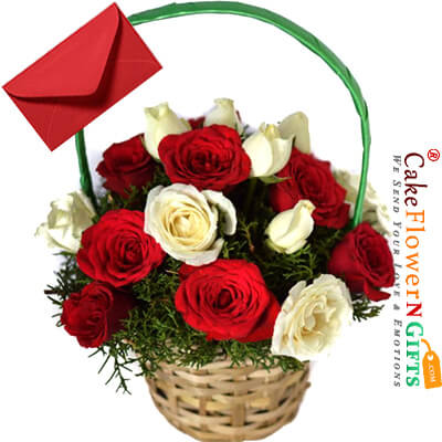 send 15 red n white roses basket delivery