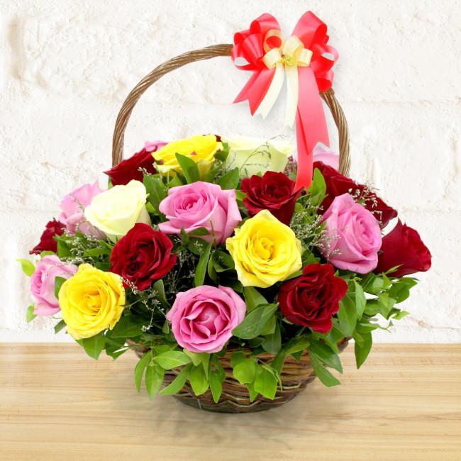 send 25 mix roses basket delivery
