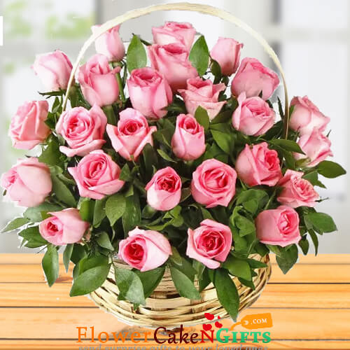 send 25 pink roses basket delivery