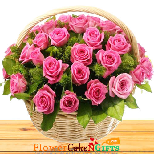 40 pink roses basket