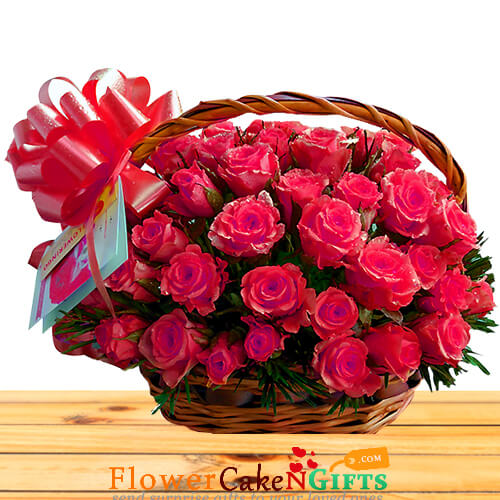 50 pink roses basket