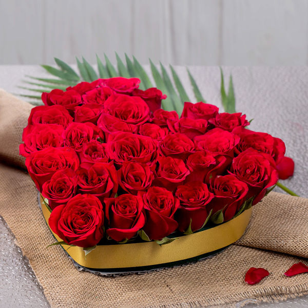 send 35 red roses heart shape arrangement delivery