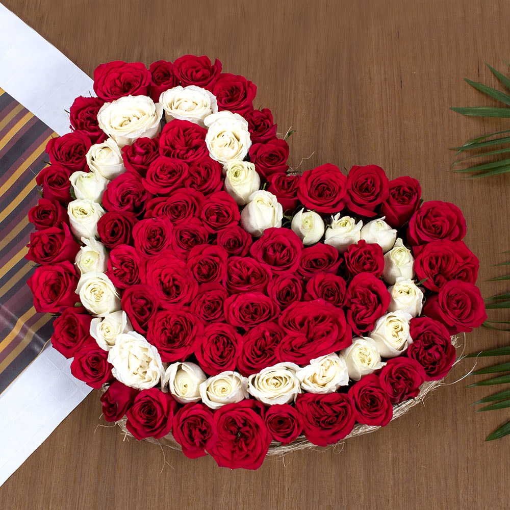 send 90 red white roses heart shape arrangement delivery