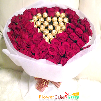 send 50 red roses and 32 pcs ferrero rocher chocolate bouquet delivery