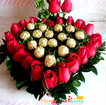 20 Red Roses and 16 Ferrero Rocher Heart shape arrangement