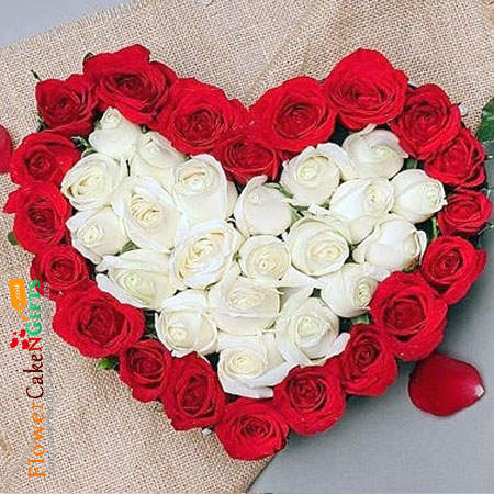 send 40 red white roses heart shape arrangement delivery