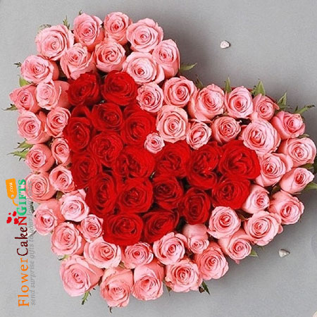 send 70 pink red roses heart shaped arrangement delivery