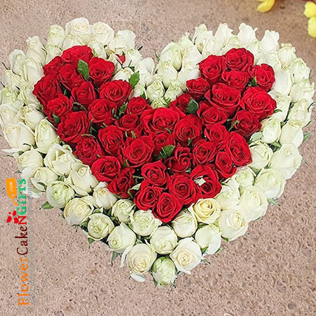 send 100 white red roses heart shaped arrangement delivery