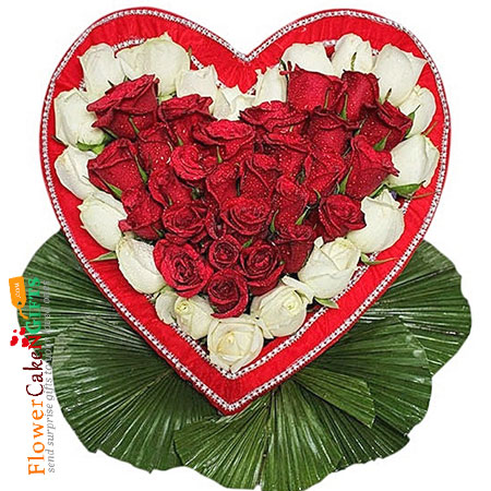 send 50 white  red roses heart shaped arrangement delivery