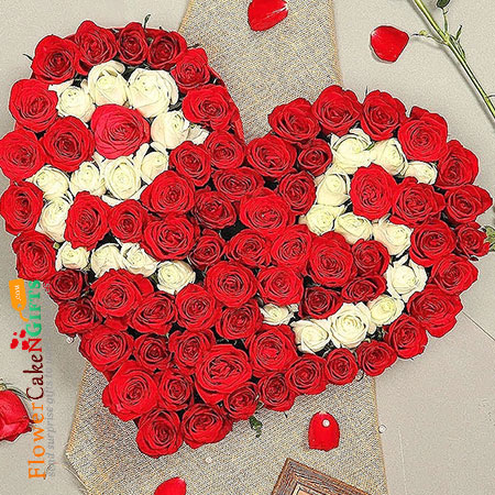 send 75 white red roses heart shaped arrangement delivery