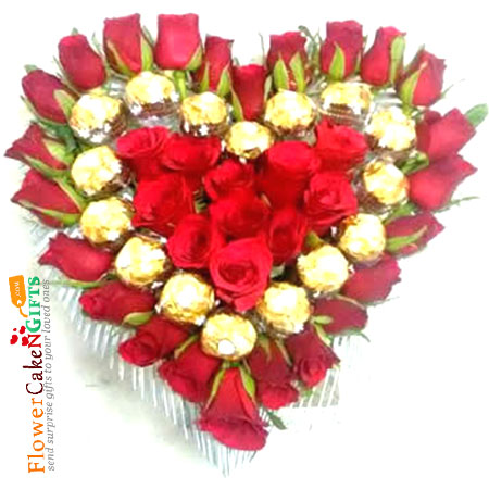 36 roses 16 ferrero rocher heart shaped arrangement