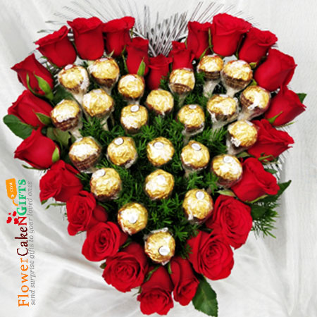 send 24 roses 24 ferrero rocher heart shaped arrangement delivery