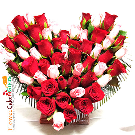 50 red pink roses heart shaped arrangement