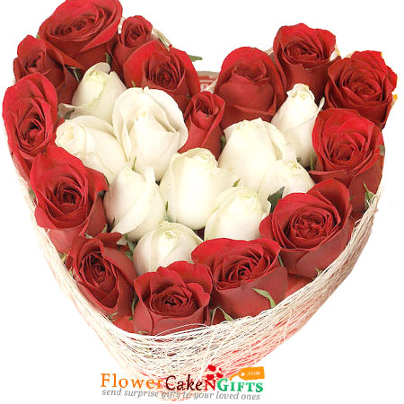 send 15 red and 10 white Roses heart shaped arrangement delivery