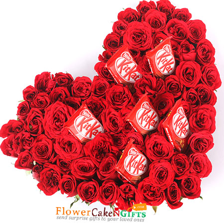 send 75 red roses 6 kitkat chocolates heart shaped arrangement delivery