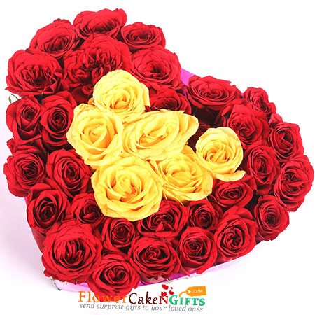 send 40 red yellow roses heart shaped arrangement delivery